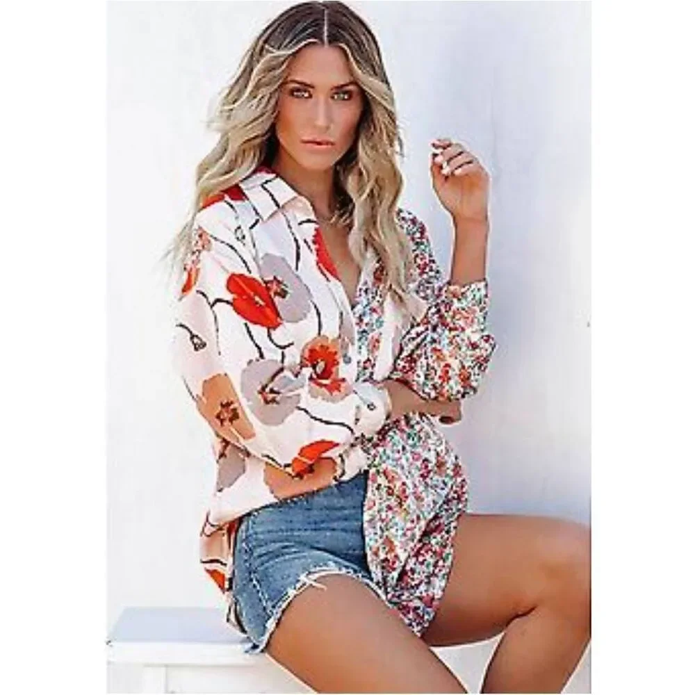 Entro‎ Satin Top Blouse Womens Small Oversized Satin Floral Boho Tunic New